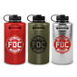 Three water bottles in red, green, and silver with FDC Coffee branding on a white background.