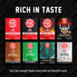 A promotional graphic for FDC Coffee Roasters showing eight different coffee roast boxes arranged in a 2x4 grid on a black textured background. The boxes feature colorful designs including red, black, orange, brown, green, and white, with bold text such as ’RICH IN TASTE’ at the top and ’Can’t get enough? Explore more bold and flavorful roasts.