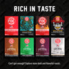 A promotional graphic showing eight FDC Coffee Roasters boxes arranged in a 2x4 grid on a black textured background, with large white text reading “RICH IN TASTE” at the top and smaller text at the bottom inviting exploration of bold and flavorful roasts.