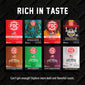 A promotional graphic showing eight FDC Coffee Roasters boxes arranged in a 2x4 grid on a black textured background, with large white text reading “RICH IN TASTE” at the top and smaller text at the bottom inviting exploration of bold and flavorful roasts.