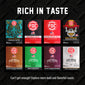 A promotional graphic showing eight FDC Coffee Roasted flavor and style labels arranged in a grid on a black textured background, with large white text reading “RICH IN TASTE” at the top and smaller text at the bottom inviting exploration of bold roasts.