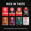 A promotional graphic for FDC Coffee Roasters showing eight different coffee roast boxes arranged in a 2x4 grid on a black textured background, with the headline 'RICH IN TASTE' at the top and a tagline at the bottom.