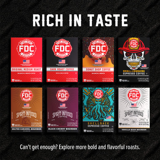 A promotional graphic for FDC Coffee Roasters showing eight different coffee roast boxes arranged in a 2x4 grid on a black textured background, with the headline ’RICH IN TASTE’ at the top and a tagline at the bottom.