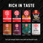 A promotional graphic for FDC Coffee Roasters showing eight different coffee roast boxes arranged in a 2x4 grid on a black textured background, with the headline ’RICH IN TASTE’ at the top and a tagline at the bottom.