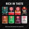 A promotional graphic for FDC Coffee Roasters showing eight different coffee bag packs arranged in a grid on a black textured background, with the headline 'RICH IN TASTE' at the top and a tagline at the bottom.
