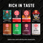 A promotional graphic for FDC Coffee Roasters showing eight different coffee bag packs arranged in a grid on a black textured background, with the headline ’RICH IN TASTE’ at the top and a tagline at the bottom.