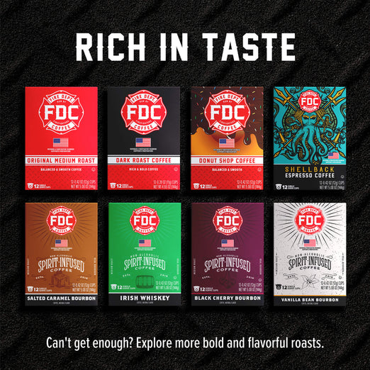A promotional graphic for FDC Coffee Roasters showing eight different coffee roast boxes arranged in a grid on a black textured background, with the headline ’RICH IN TASTE’ at the top and a tagline at the bottom.