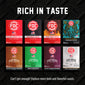 A promotional graphic for FDC Coffee Roasters showing eight different coffee roast boxes arranged in a grid on a black textured background, with the headline ’RICH IN TASTE’ at the top and a tagline at the bottom.
