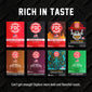 A promotional graphic for FDC Coffee Roasters showing eight different coffee bag packages arranged in a 2x4 grid on a black textured background, with the headline ’RICH IN TASTE’ at the top and a tagline at the bottom.