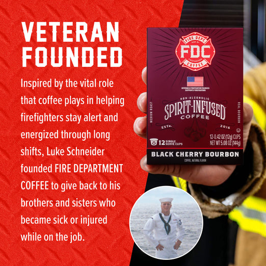 A hand holds a box of FOC Coffee Black Cherry Bourbon capsules against a red promotional background with text about a veteran founder and a small circular photo inset.