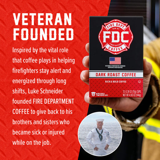 A hand holds a box of FDC Fire Department Coffee Dark Roast against a red promotional graphic with white text about the brand being inspired by a veteran firefighter named Luke Schneider. A small circular photo of Luke in a sailor uniform appears at the bottom right.