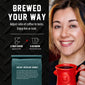 Promotional coffee advertisement with a smiling woman holding a red mug on the right, and product information on the left including the text ’BREWED YOUR WAY,’ serving ratios, and a bag labeled ’DECAF MEDIUM ROAST’ by Decaf.