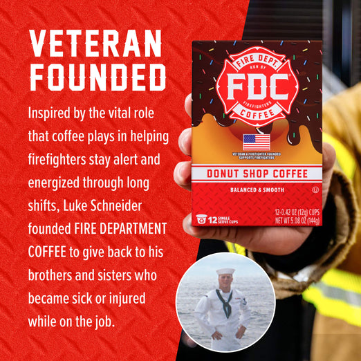 A hand holds a box of FDC Donut Shop Coffee against a red promotional background with white text about a veteran-founded coffee brand. The box is dark brown with a red circular FDC logo and an orange donut graphic.