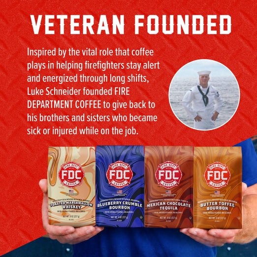 Four Fire Department Coffee Spirit Infused Coffee bags beneath “Veteran Founded” text and a photo of founder Luke Schneider in Navy uniform. Text explains his inspiration to support firefighters who become sick or injured on the job.