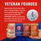 Four Fire Department Coffee Spirit Infused Coffee bags beneath “Veteran Founded” text and a photo of founder Luke Schneider in Navy uniform. Text explains his inspiration to support firefighters who become sick or injured on the job.