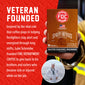 A hand holds a box of FDC Spirit Infused Coffee, Salted Caramel Bourbon, against a red graphic background with white text reading ’VETERAN FOUNDED’ and a circular inset photo of a man in a white uniform.