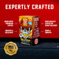 An FDC Salted Caramel Instant Coffee box shown on a dark textured surface against a bright red background, with marketing text around it reading ’EXPERTLY CRAFTED’ and feature callouts.