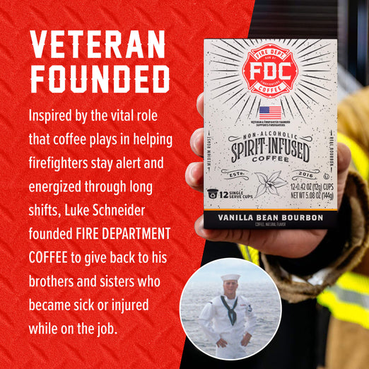 A hand holds a box of FOC Fire Department Coffee against a red promotional background with white text reading ’VETERAN FOUNDED’ and a circular inset photo of the founder in a sailor uniform.