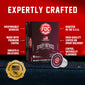 A box of FDC Spirit Infused Coffee with a single blackberry-flavored coffee capsule in front, set against a red background with promotional text and a gold veteran-founded badge.