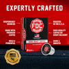 FDC Fire Department Coffee box and single-serve pod on a dark textured surface against a red background, with marketing text and a gold veteran-embossed seal.