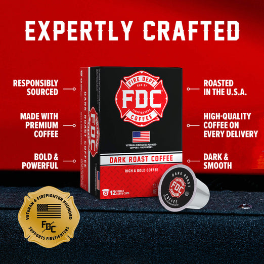 FDC Fire Department Coffee box and single-serve pod on a dark textured surface against a red background, with marketing text and a gold veteran-embossed seal.