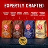 Four Fire Department Coffee bags beneath “Expertly Crafted” text highlighting responsibly sourced premium coffee, smooth flavor, U.S. roasting, consistent quality, and naturally flavored, non-alcoholic blends. A gold badge reads “Veteran & Firefighter Founded” and “Supports Firefighters.”