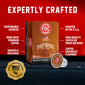 FDC Firefighters Coffee box and a single Salted Caramel Brew coffee pod on a dark textured surface against a red background, with marketing text highlighting responsibly sourced, premium coffee, and U.S.