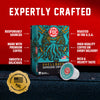 FDC Firefighters Shellback Espresso Coffee packaging box and two single-serve pods on a dark textured surface against a red background, with marketing text and a gold veteran-founding seal.