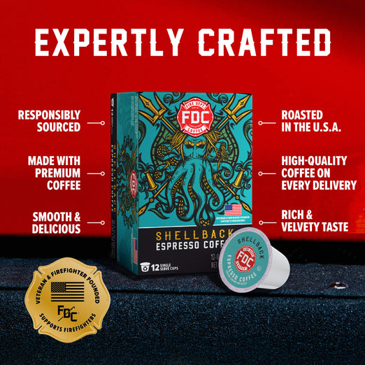 FDC Firefighters Shellback Espresso Coffee packaging box and two single-serve pods on a dark textured surface against a red background, with marketing text and a gold veteran-founding seal.