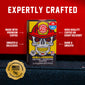 A box of FDC Skull-Crushing Instant Espresso Coffee is centered against a bright red background with white marketing text and callouts. The package is yellow and black with a firefighter helmet and skull graphic.
