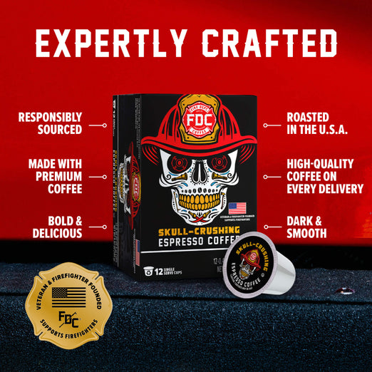 FDC Skull Crushing Espresso Coffee packaging shown on a red background with marketing text and a single coffee pod in front. The box is black with a white skull wearing a red firefighter helmet, and the pod is labeled FDC American Espresso Coffee.