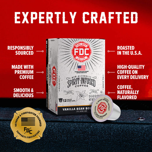 FDC Fire Department Spirit Infused Coffee box and two single-serve coffee pods on a dark textured surface against a red background, with marketing text callouts around the product.