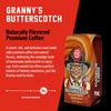 Granny's Butterscotch coffee package with branding and product description on a red background