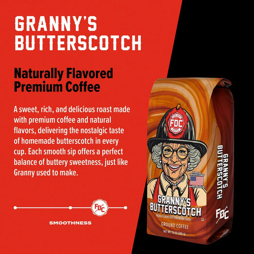 Granny’s Butterscotch coffee package with branding and product description on a red background