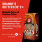 Granny’s Butterscotch coffee package with branding and product description on a red background
