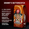 Granny's Butterscotch coffee bag with a firefighter graphic on a dark background