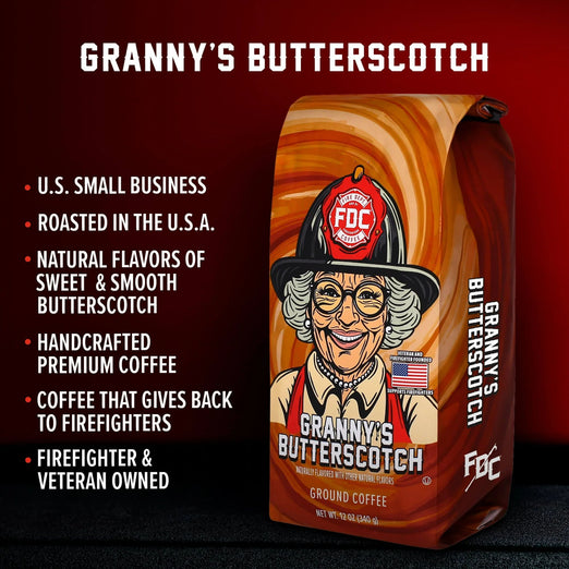 Granny’s Butterscotch coffee bag with a firefighter graphic on a dark background