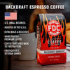 A bag of Backdraft Espresso Coffee with bullet points that read "U.S small business, roasted in the U.S.A, extra bold and delicious, handcrafted premium coffee, coffee that gives back to firefighters, firefighter and veteran owned".