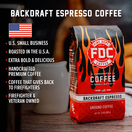 A bag of Backdraft Espresso Coffee with bullet points that read ”U.S small business, roasted in the U.S.A, extra bold and delicious, handcrafted premium coffee, coffee that gives back to firefighters, firefighter and veteran owned”.
