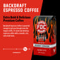 A bag of Backdraft Espresso Coffee with bold text that reads ”Extra Bold and Delicious Premium Coffee”. A paragraph under reads, ”Backdraft Espresso Coffee is powerful enough to get you through even the longest shifts. It’s a dark and delicious espresso coffee with a smooth, rich extra bold taste.”