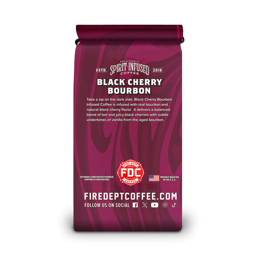 Purple coffee bag labeled ’Black Cherry Bourbon’ with branding on a white background