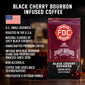 A bag of Black Cherry Bourbon Infused Coffee with bullet points that read, ”U.S small business, roasted in the U.S.A, natural flavors of juicy black cherries, handcrafted premium coffee, infused with real bourbon using our proprietary process since 2016, non-alcoholic, coffee that gives back to firefighters, firefighter and veteran owned”.