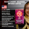 FDC Coffee Black Cherry Bourbon Infused Coffee package with product details on a blurred background