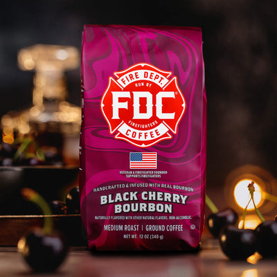 Fire Dept. Coffee Black Cherry Bourbon coffee package on a white background