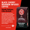 A bag of Black Cherry Bourbon Infused Coffee with bold text that reads "Smooth, Delicious, and Non-Alcoholic". A paragraph below reads, "Our Black Cherry Infused Coffee is made with premium bourbon and natural flavor of tart and juicy black cherries. Pour yourself a cup and then another because the flavor lingers on your tastebuds, begging you for one more sip. Your support fuels our mission to give back to sick and injured firefighters."