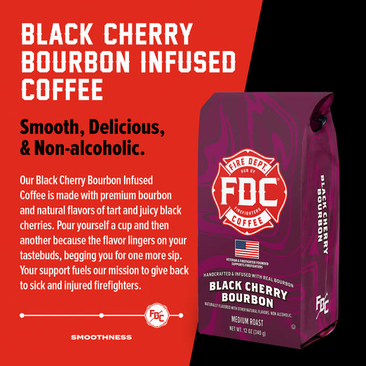FDC Black Cherry Bourbon Infused Coffee package on a red background with text.