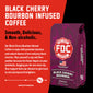 FDC Black Cherry Bourbon Infused Coffee package on a red background with text.
