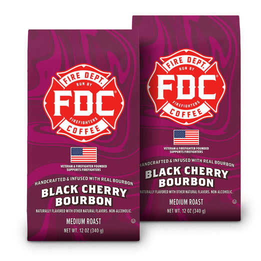 Two packages of FDC Firefighters Coffee Black Cherry Bourbon on a white background
