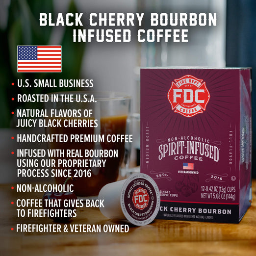 A box of Black Cherry Bourbon Infused Pods with bullet points that read, ”U.S Small Business, Roasted in the U.S.A, Natural flavors of juicy black cherries, Handcrafted premium coffee, Infused with real bourbon using our proprietary process since 2016, Non-alcoholic, Coffee that gives back to firefighters, Firefighter and veteran owned”.