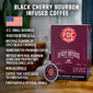 A box of Black Cherry Bourbon Infused Pods with bullet points that read, ”U.S Small Business, Roasted in the U.S.A, Natural flavors of juicy black cherries, Handcrafted premium coffee, Infused with real bourbon using our proprietary process since 2016, Non-alcoholic, Coffee that gives back to firefighters, Firefighter and veteran owned”.